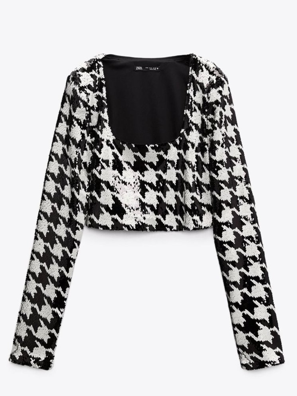 Zara Black & White Houndstooth Sequin Crop Top SZ LG